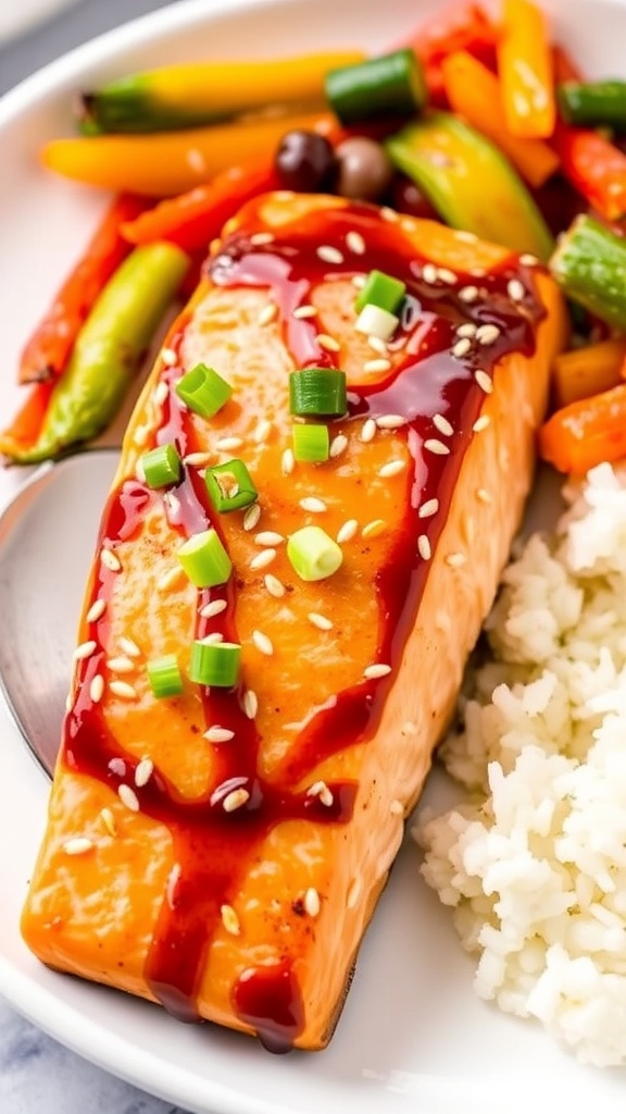Asian-Inspired Air Fryer Salmon Recipe Air fryer salmon fillet garnished with sesame seeds and green onions, served with rice and stir-fried vegetables.